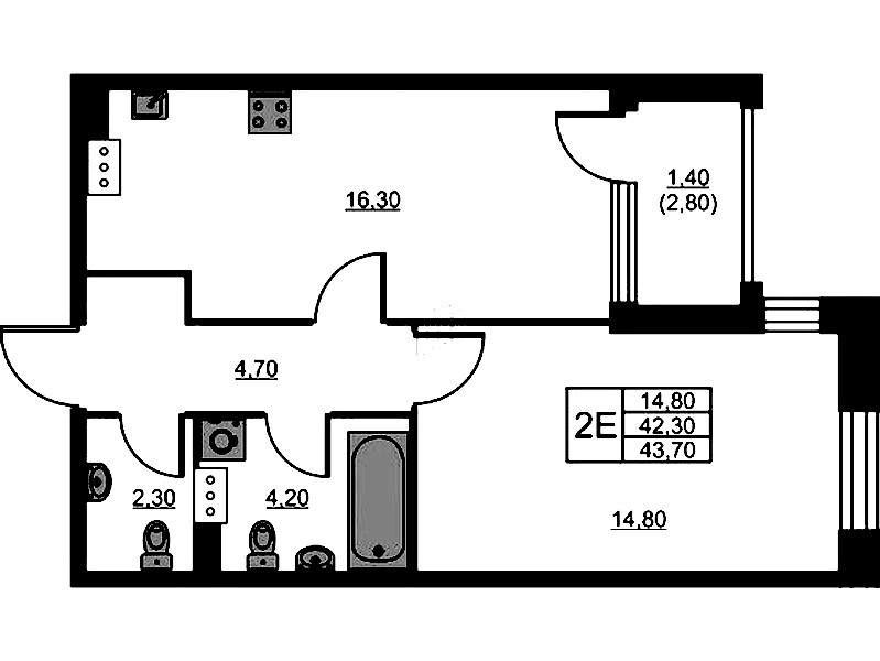 1-комнатная квартира 43.7 м², 11/13 эт., ЖК «Тайм Сквер»